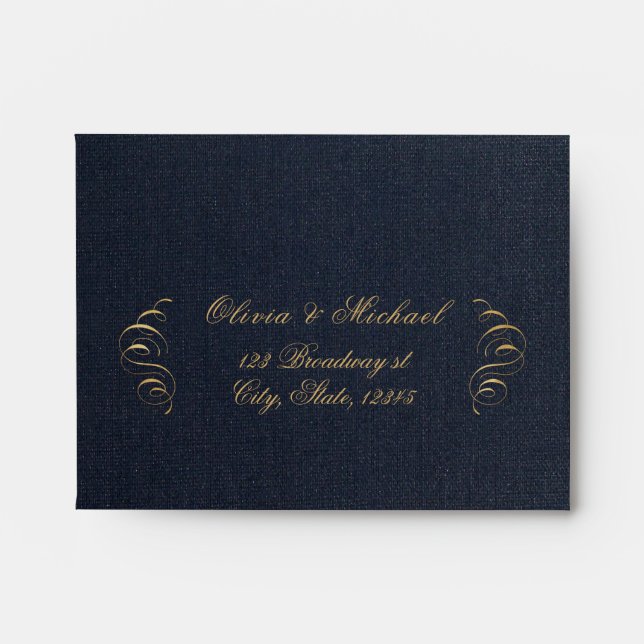 Navy gold elegant calligraphy vintage wedding RSVP Envelope (Front)