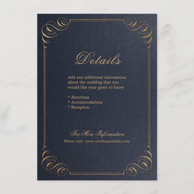 Navy gold elegant calligraphy wedding details enclosure card (Front)