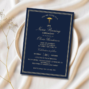 Navy Gold Elegant Nurse Pinning Ceremony Invitation