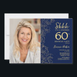 Navy Gold Elegant Surprise Photo 60th Birthday Invitation<br><div class="desc">Floral navy and gold surprise 60th birthday party invitation with your photo on the front of the card. Elegant modern design featuring botanical outline drawings accents and typography script font. Simple trendy invite card perfect for a stylish female bday celebration. Can be customized to any age. Printed Zazzle invitations or...</div>
