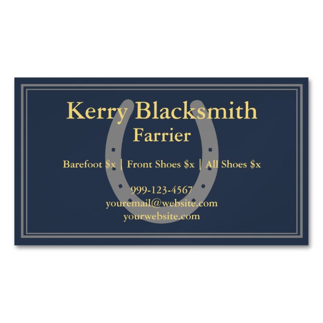 Navy + Gold Farrier Horseshoeing and Trim Magnetic Business Card (Front)