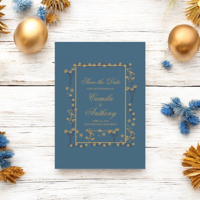 Navy Gold Floral Border Wedding Invitation (Creator Uploaded)