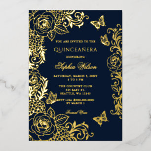Navy Gold Floral Butterfly Quinceañera