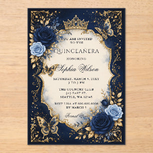 Navy Gold Floral Butterfly Quinceañera Acrylic Invitations