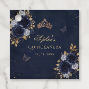 Navy Gold Floral Butterfly Quinceañera Favour Tags