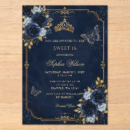 Navy Gold Floral Butterfly Sweet 16 Acrylic Invitations