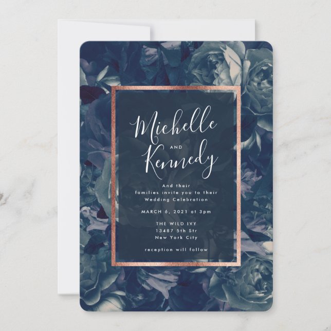 Navy Gold Floral Calligraphy Wedding Invitation (Front)