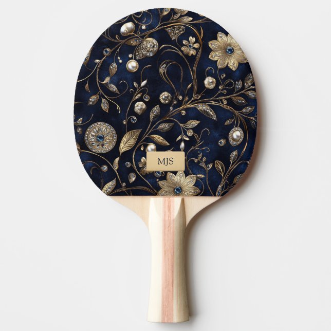 Navy Gold Floral Monogram Ping Pong Paddle (Front)