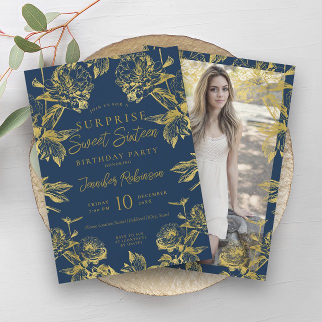 Navy Gold Floral Photo SURPRISE Sweet 16   Invitation (Navy Gold Floral Photo SURPRISE Sweet 16 Invitation)
