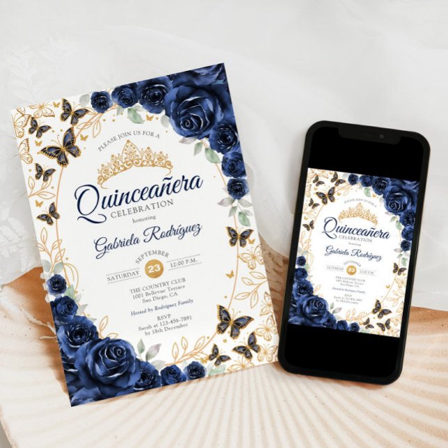 Navy Gold Floral Quinceanera Invitation (Creator Uploaded)