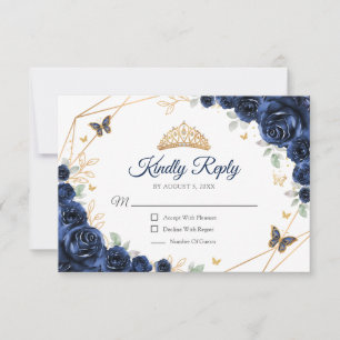 Navy Gold Floral Quinceanera Reply RSVP Card