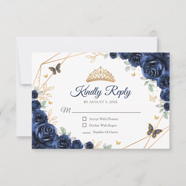 Navy Gold Floral Quinceanera Reply RSVP Card (Front)
