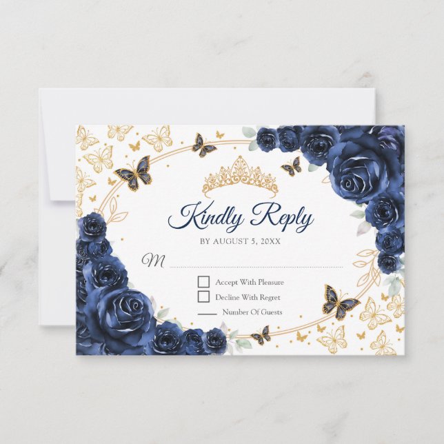 Navy Gold Floral Quinceanera Reply RSVP Card (Front)