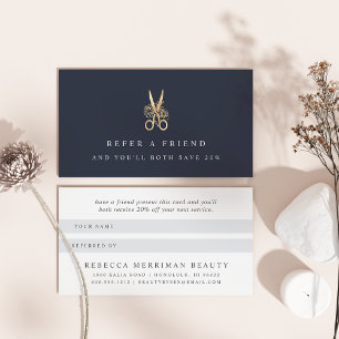 Navy & Gold Floral Scissors Logo Salon Referral Card
