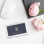 Navy Gold Floral Scissors Personalized Hairstylist Business Card Holder<br><div class="desc">Elegant business card holder for hairstylists or salon owners features your name and/or business name in classic white lettering on a navy blue background adorned with a pair of floral-embellished scissors in faux gold foil. Makes a beautiful personalized gift for a hairstylist or cosmetology school graduate.</div>