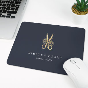 Navy & Gold Floral Scissors Salon Logo Mouse Pad