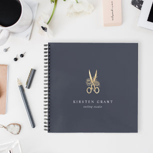 Navy & Gold Floral Scissors Salon Logo Notebook