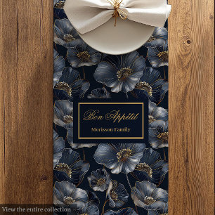Navy Gold Floral Table Runner Elegant Monogram