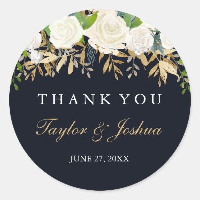Navy Gold Floral Thank You Wedding Sticker (Front)