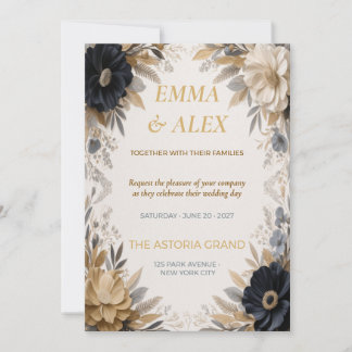 Navy & Gold Floral Wedding Invitation | Elegant