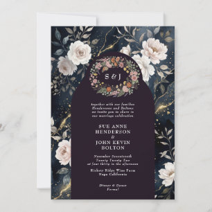Navy Gold Floral Wedding Invitation Elegant