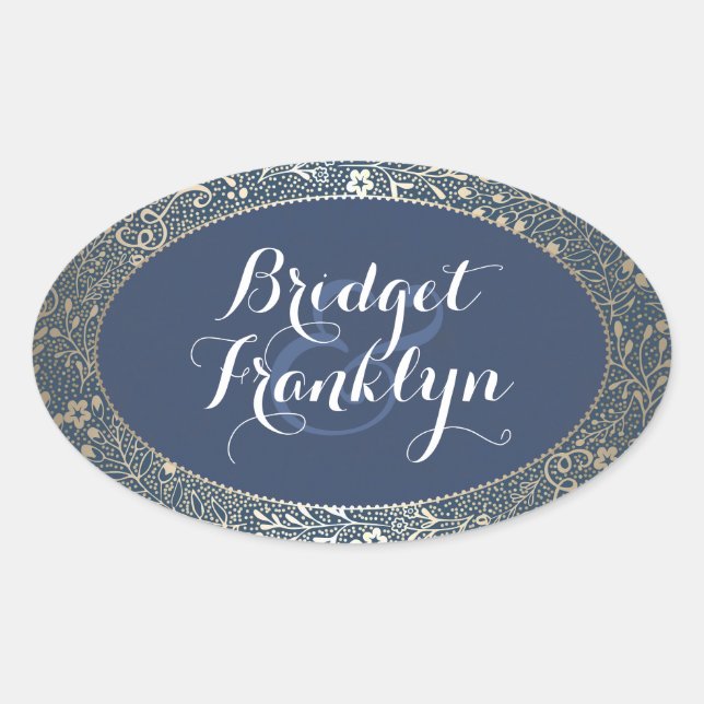 Navy Gold Floral Wedding Oval Sticker (Front)