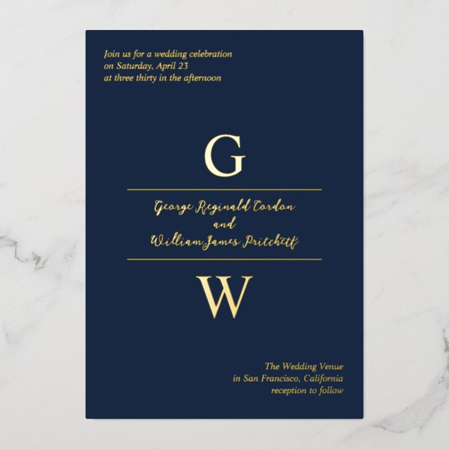 Navy & Gold Foil Initials Informal Wedding (Front)