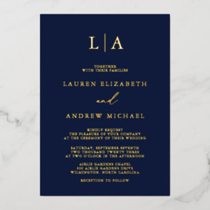 Navy Gold Foil Monogram Initial Minimalist Wedding