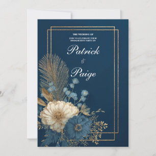 Navy Gold Frame Floral Wedding Invitation