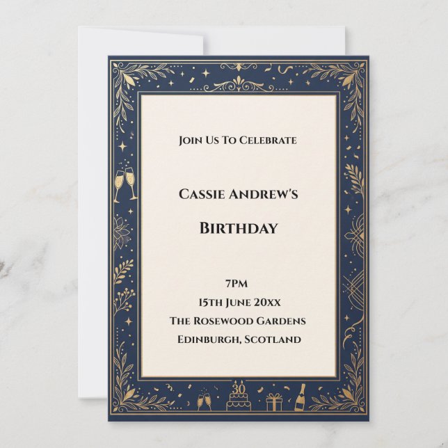 Navy Gold Frame Milestone Birthday Invitation (Front)
