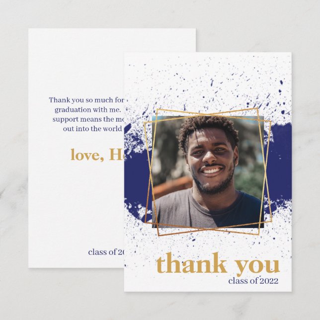 Navy & Gold Funky Splat Graduation Thank You Card (Front/Back)