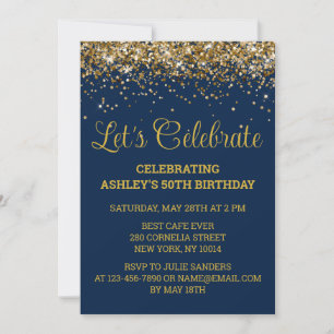 Navy & Gold Glitter 50th Birthday Let's Celebrate Invitation