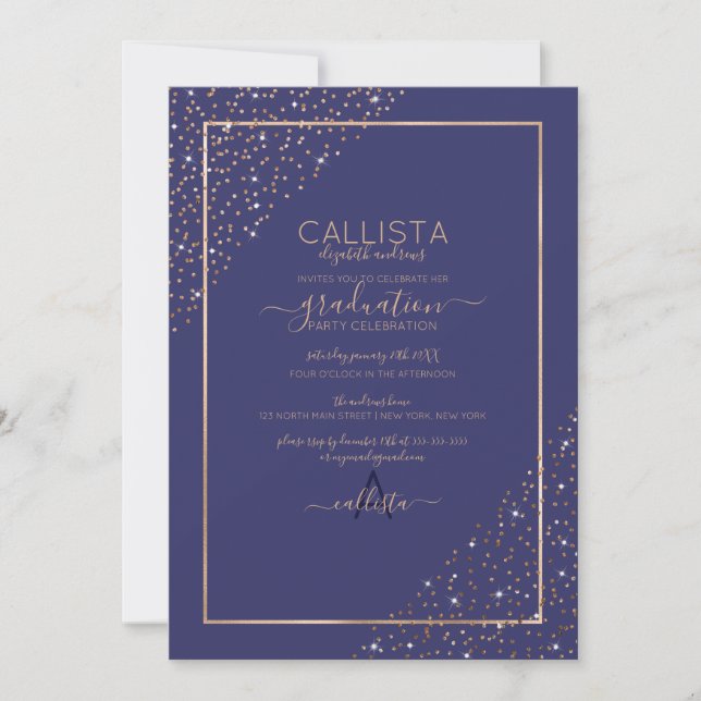 Navy Gold Glitter Confetti Corners Graduation Invitation (Front)