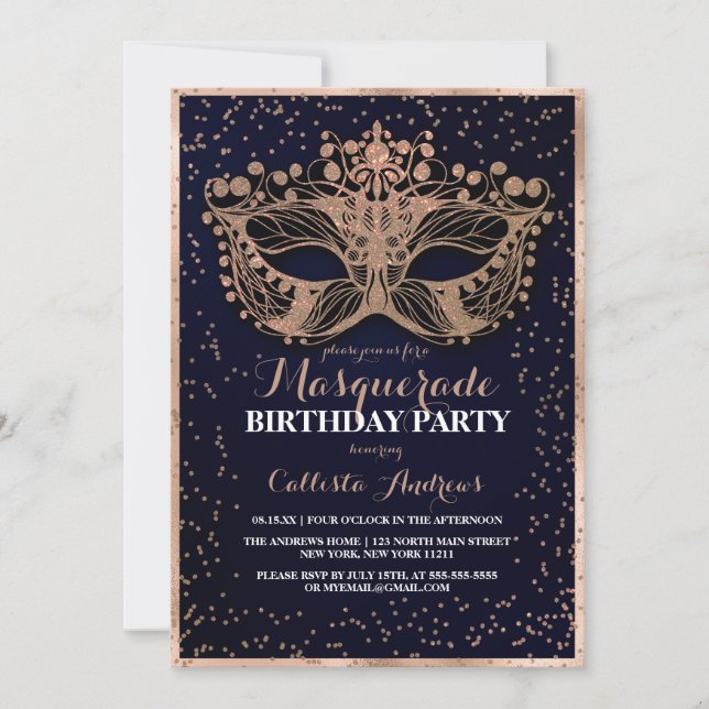 Navy Gold Glitter Confetti Masquerade Birthday Invitation (Front)