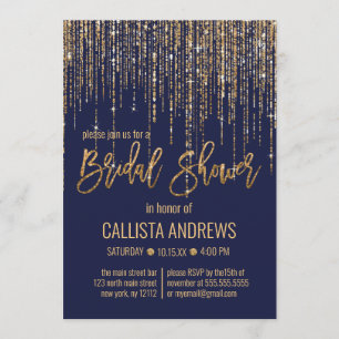 Navy Gold Glitter Fringe Curtain Bridal Shower Invitation