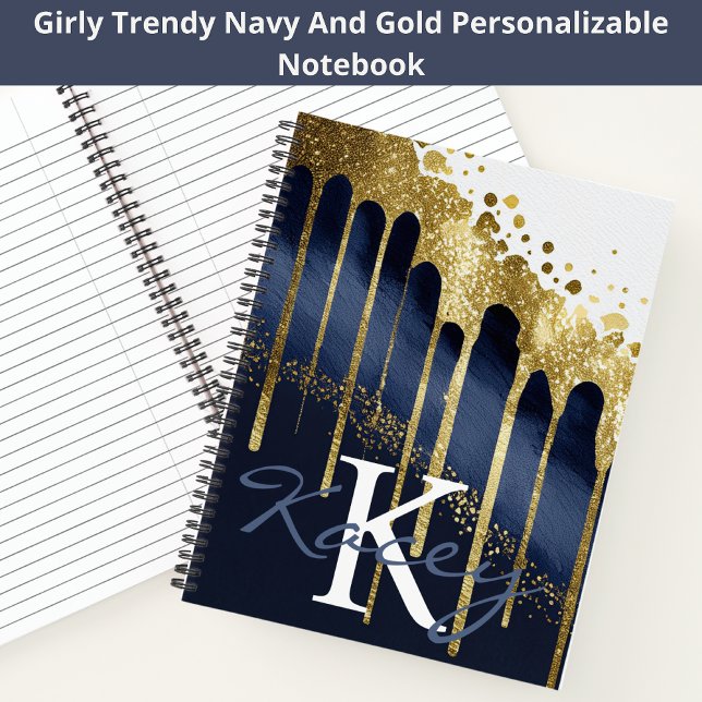 Navy Gold Glitter Girly Monogram Name Notebook (Creator Uploaded)