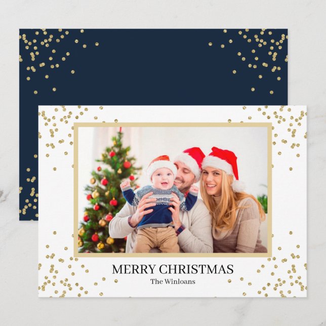Navy Gold Glitter Merry Christmas Photo Holiday Card (Front/Back)