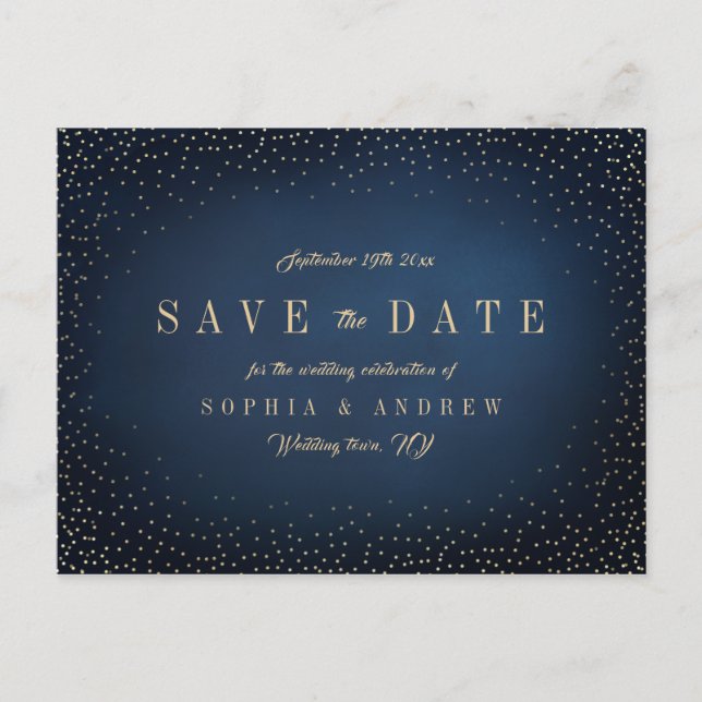 Navy & Gold Glitter Simple Save The Date Announcement Postcard (Front)