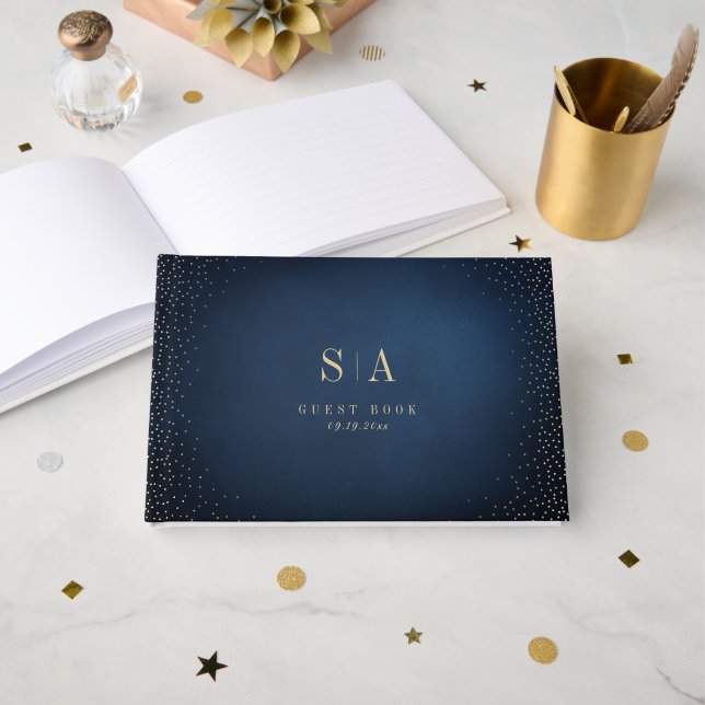 Navy & Gold Glitter Sophisticated Monogram Wedding Guest Book (Front Open)