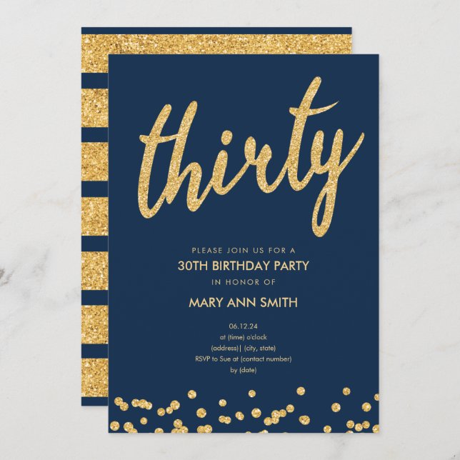 Navy Gold Glitter Type 30th Birthday Party Invitation (Front/Back)