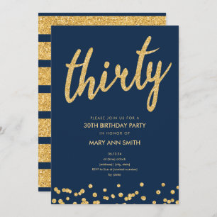 Navy Gold Glitter Type 30th Birthday Party Invitation