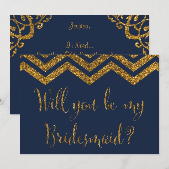 Navy & Gold Glitter | Will You Be My Bridesmaid? Invitation (Front/Back)