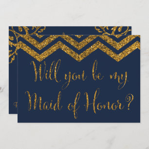 Navy & Gold Glitter Will You Be My Maid Of Honour? Invitation