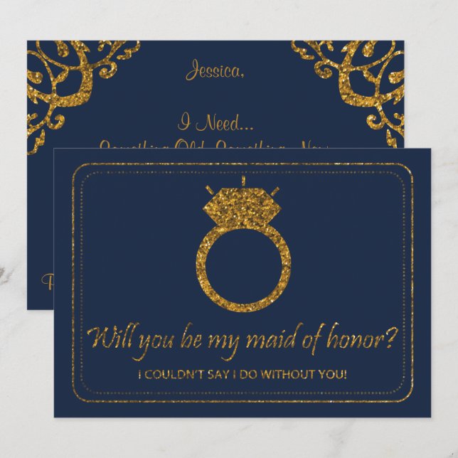Navy & Gold Glitter Will You Be My Maid Of Honour? Invitation (Front/Back)