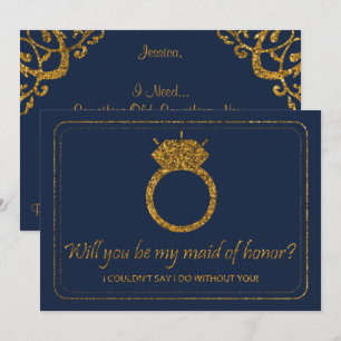 Navy & Gold Glitter Will You Be My Maid Of Honour? Invitation