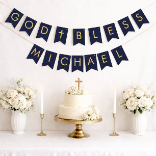 Navy Gold God Bless 7 Letter Boy Baptism Communion Bunting Flags