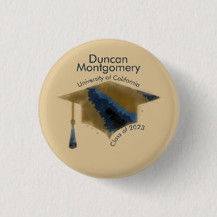 Navy Gold Graduation Cap Mortarboard 1 Inch Round Button