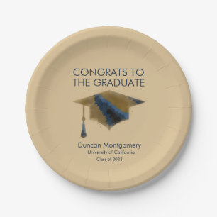 Navy Gold Graduation Cap Mortarboard Paper Plate