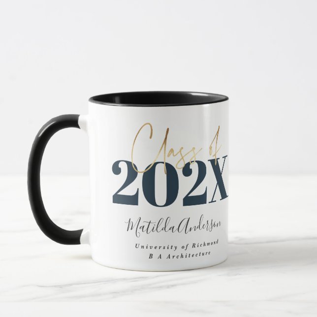 navy gold graduation elegant script modern mug (Left)