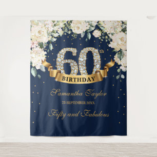 Navy Gold Greenery Floral 60th birthday backdrop Tapestry